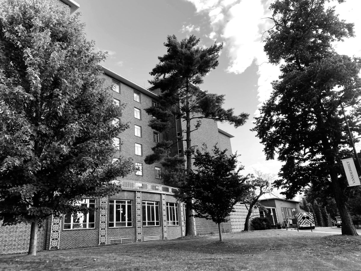 Black-and-white photograph of Branscomb dormitory, as photographed on Aug. 31, 2024. (Hustler Multimedia/George Albu)
