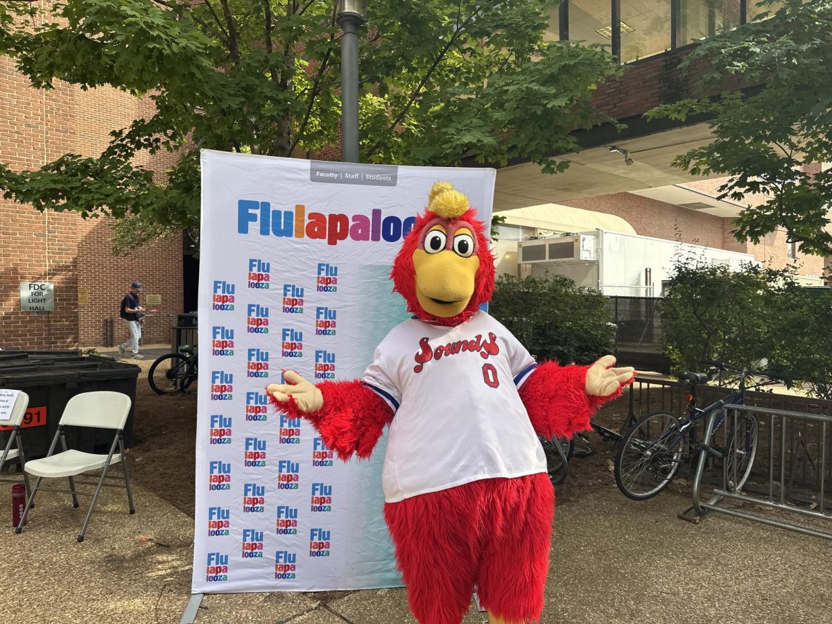 The Nashville Sounds mascot poses with a Flulapalooza sign, as captured on Sep. 25, 2024. (Hustler Multimedia/Savannah Walske)