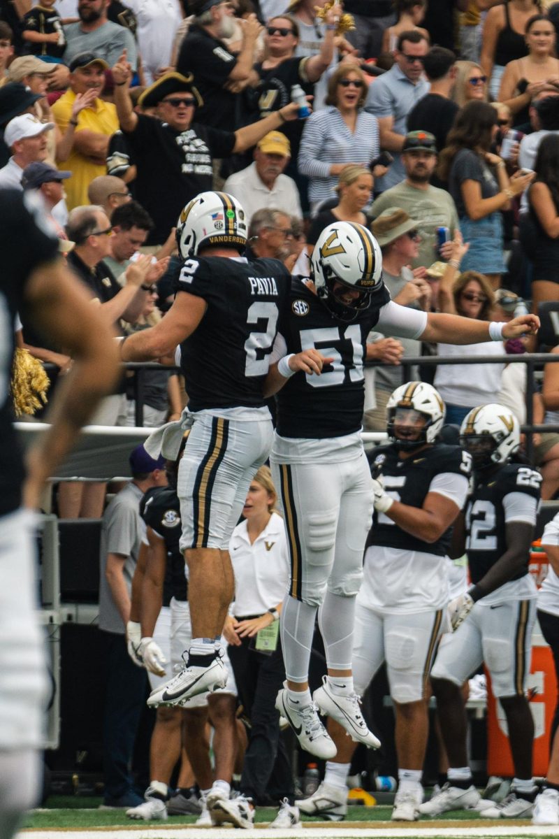 Vanderbilt celebrates a touchdown, as photographed on Aug. 31, 2024. (Hustler Multimedia/Vince Lin)