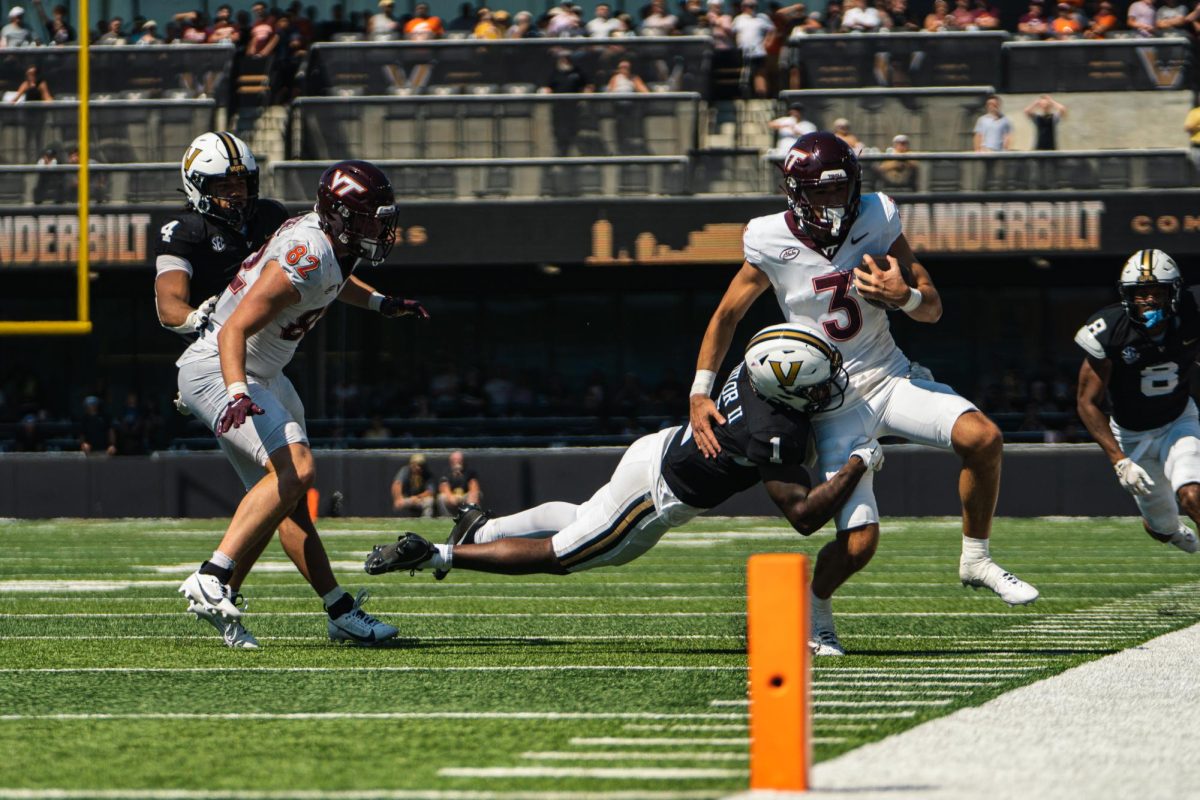 CJ Taylor makes a tackle in Vanderbilt's Week One victory over Virginia Tech, as photographed on Aug. 31, 2024. (Hustler Multimedia/Vince Lin)