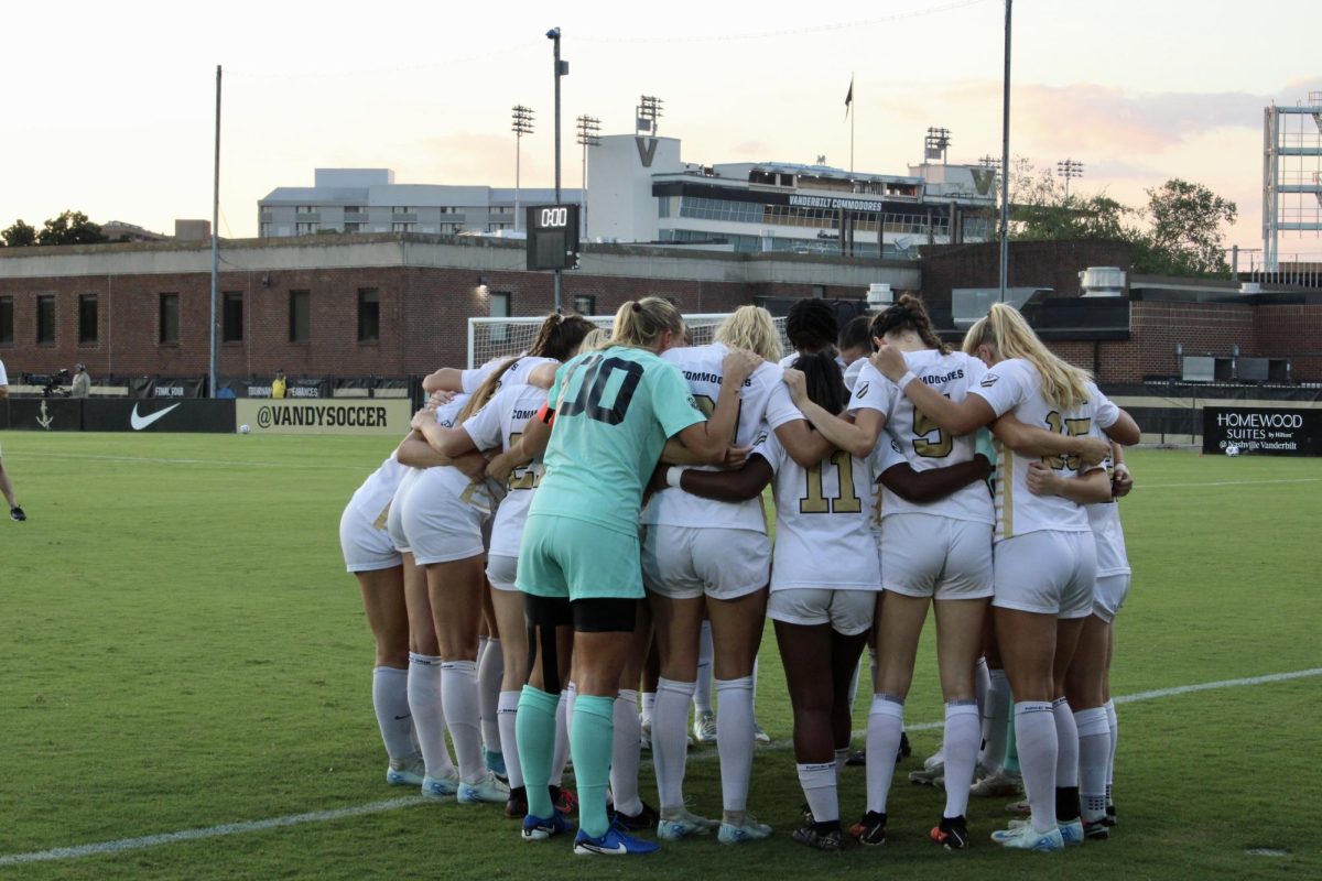 Vanderbilt huddles up before its duel with Kansas, as photographed on Sept. 5, 2024. (Hustler Multimedia/Payton Ohler)