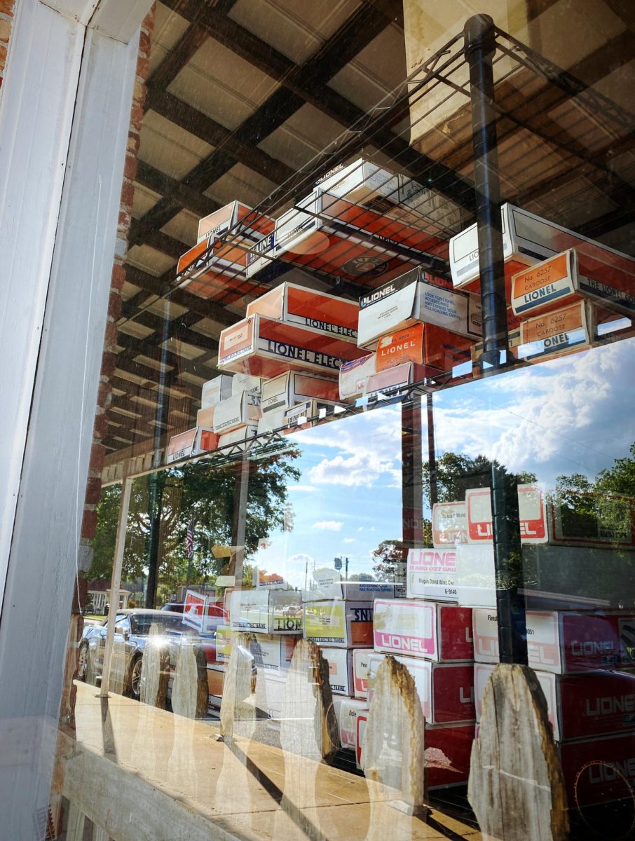 Reflection of the display window at a model train store, as photographed on June 3, 2024. (Hustler Multimedia/George Albu)