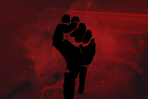 A fist representing women's justice is raised amidst a bloodied background. (Hustler Multimedia/Lexie Perez)