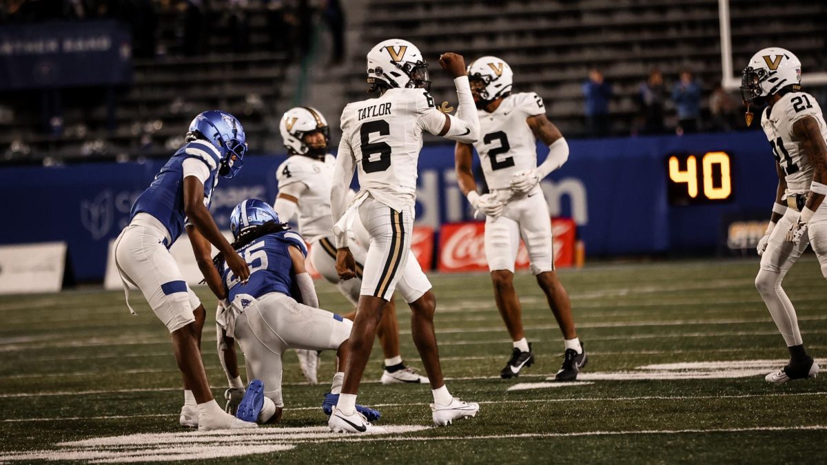 Kolbey Taylor celebrates after making a tackle during Vanderbilt's loss to Georgia State, as photographed on Sept. 14, 2024. (Vanderbilt Athletics)