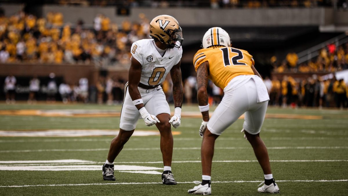 Junior Sherrill lines up and awaits the snap against Missouri, as photographed on Sept. 21, 2024 (Vanderbilt Athletics)