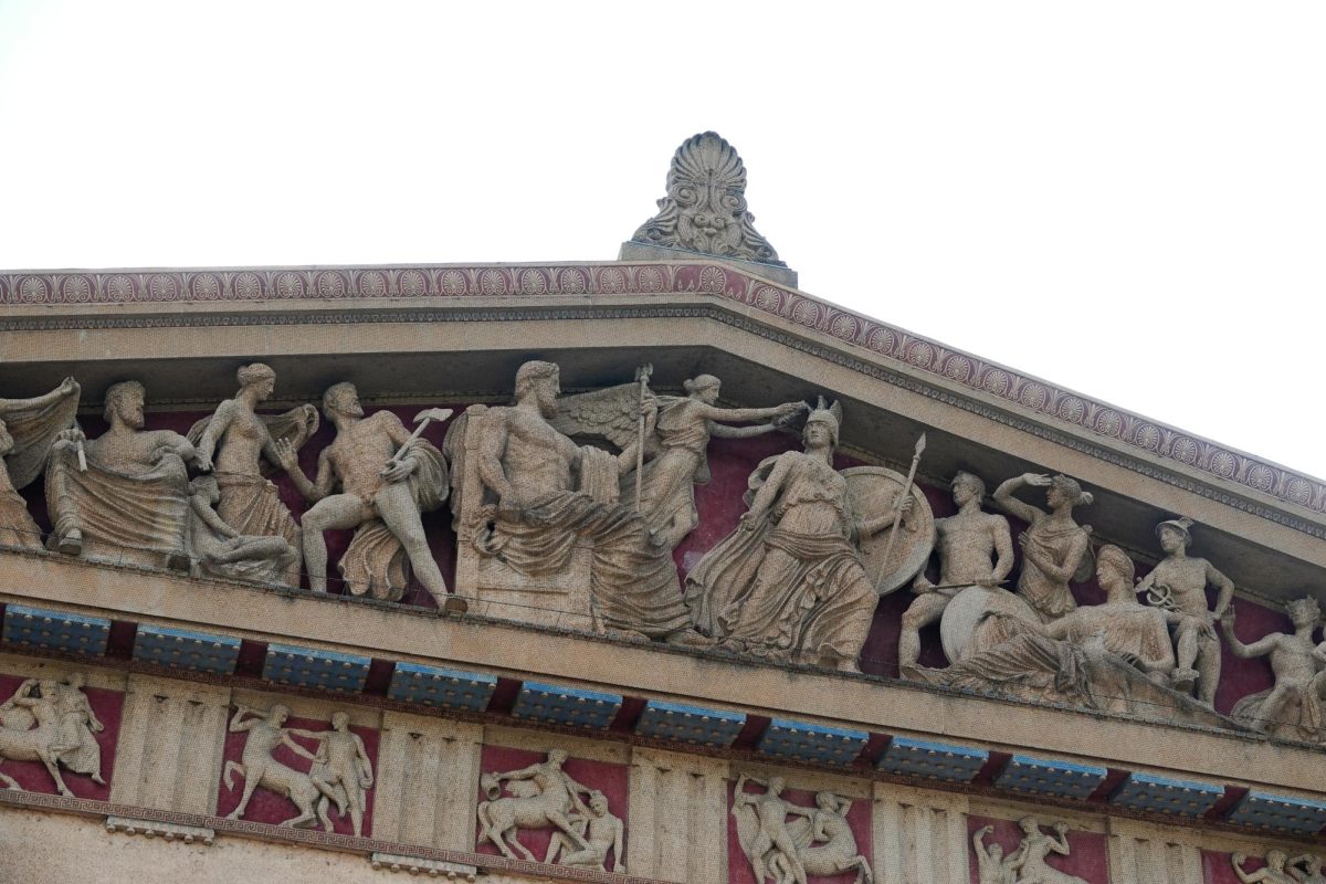 Photograph of the statues carved into the Nashville Parthenon, as photographed on Aug 19, 2024. (Hustler Multimedia/George Albu)