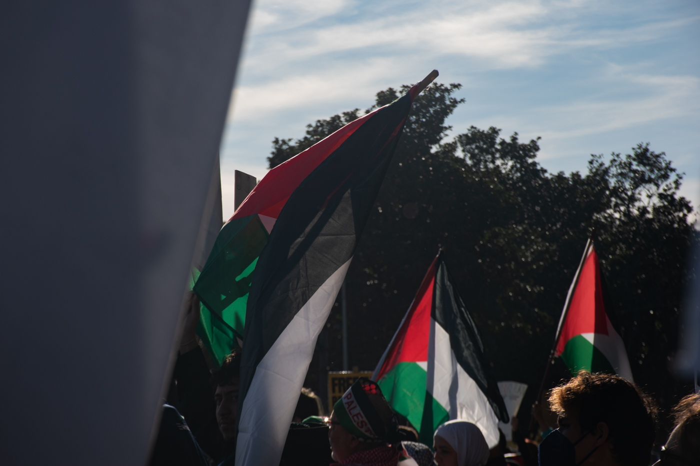 Protesters wave Palestinian flags in Centennial Park under a beating sun, as photographed on Nov. 11, 2023. (Hustler Multimedia/Savannah Walske)