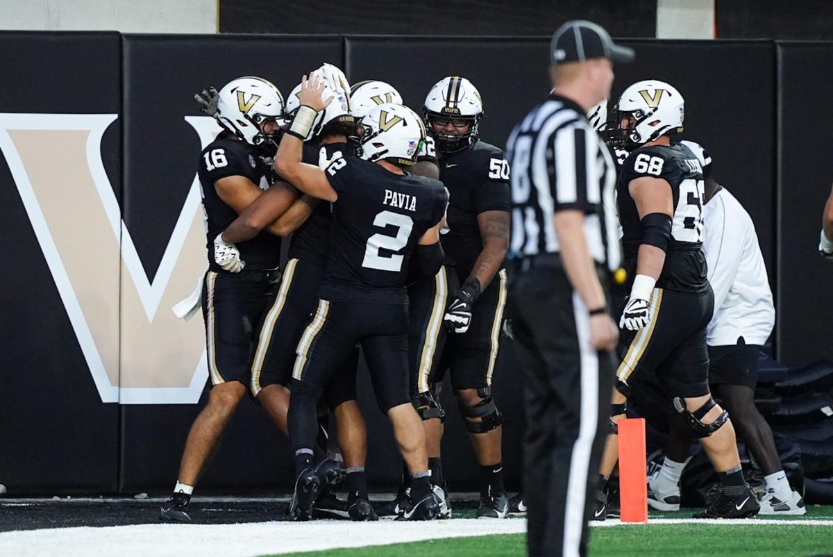 Vanderbilt's offense celebrates after Cole Spence's 17-yard touchdown reception, as photographed on Sept. 7, 2024. (Hustler Multimedia/Nikita Rohila)