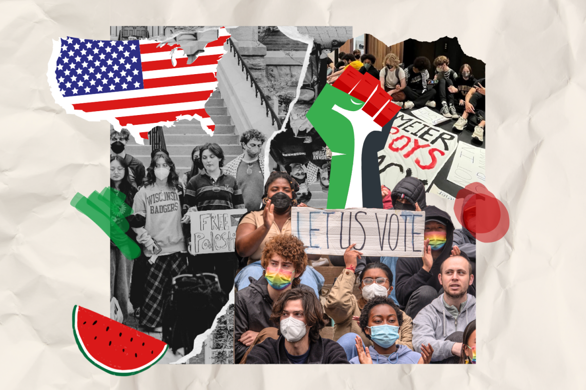 A graphic depicting pro-Palestine protests at Vanderbilt (Hustler Multimedia/Lexie Perez). Photos by Miguel Bernstein, Josh Rehders and Katherine Oung.