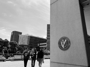 Photograph of the Vanderbilt School of Medicine logo in the foreground with the hospital in the background, as photographed on Sept. 3, 2024. (Hustler Multimedia/George Albu)