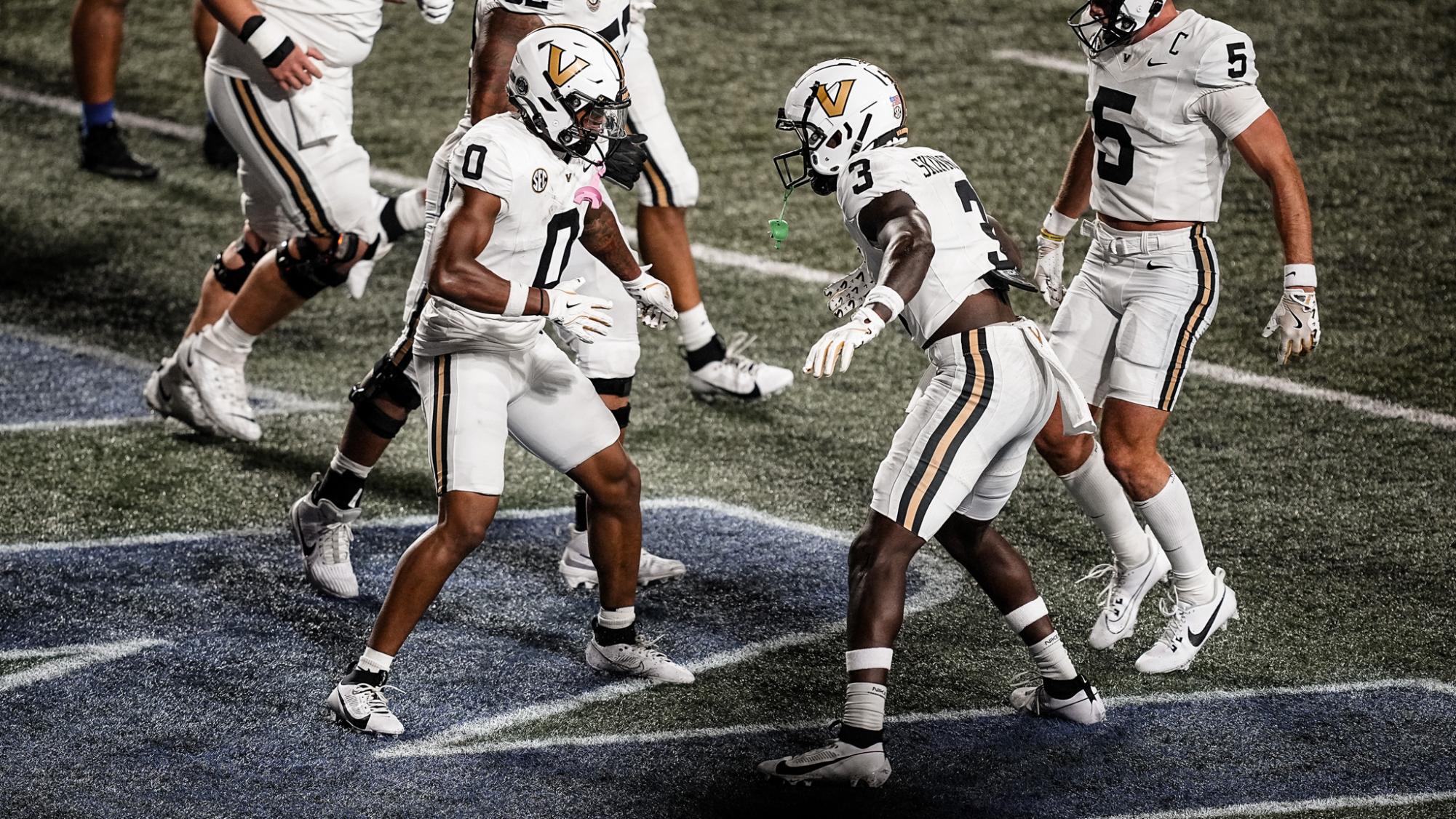 Junior Sherrill and Quincy Skinner Jr. celebrate after a touchdown in the second quarter of Vanderbilt's loss to Georgia State, as photographed on Sept. 14, 2024. (Vanderbitl Athletics)