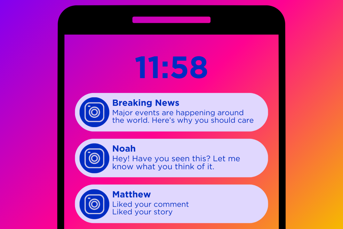 A phone screen displays notifications from Instagram. (Hustler Multimedia/Matthew Ye)