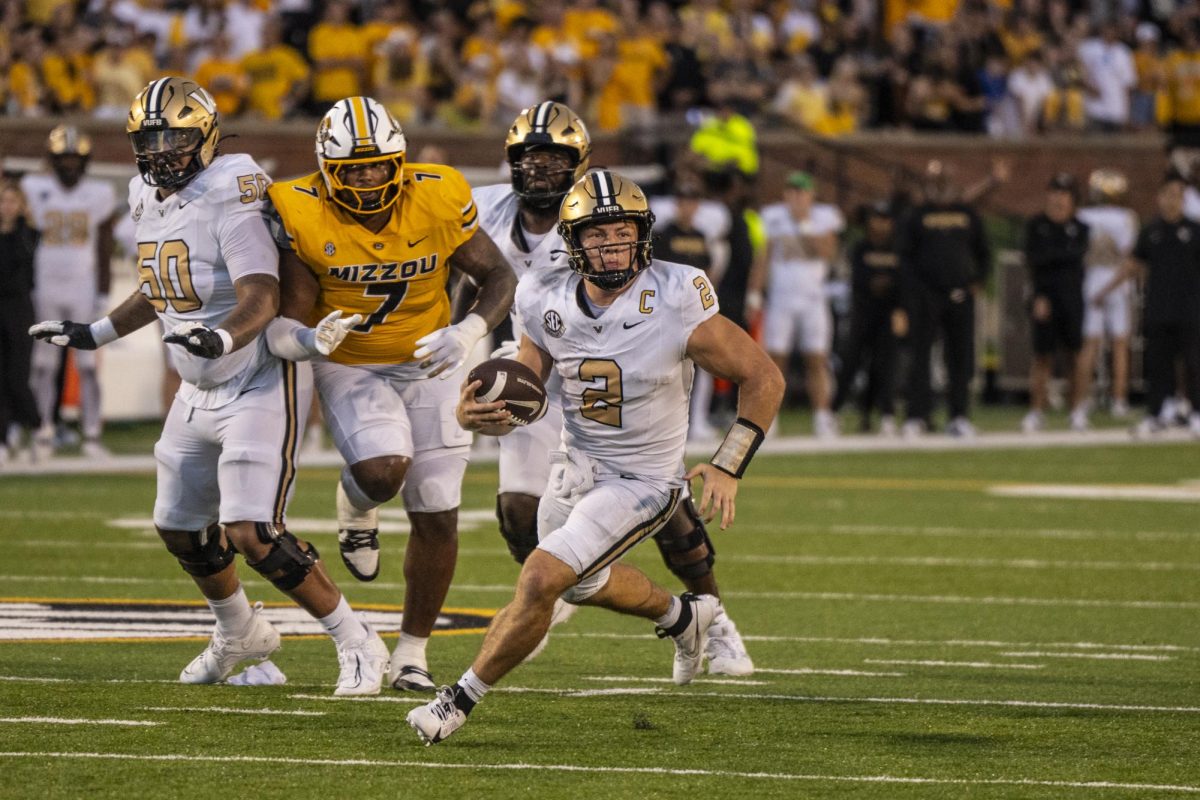 Diego Pavia scrambles out of the pocket against Missouri on Sept. 21, 2024. (Vanderbilt Athletics)