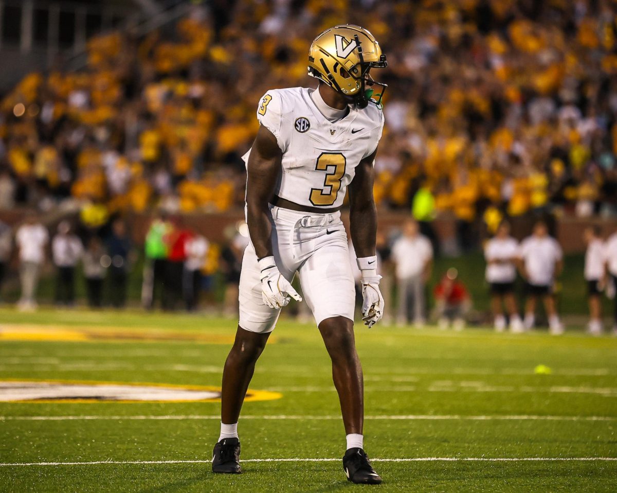 Quincy Skinner Jr. lines up for a snap against Missouri, as photographed on Sept. 21, 2024. (Vanderbilt Athletics)