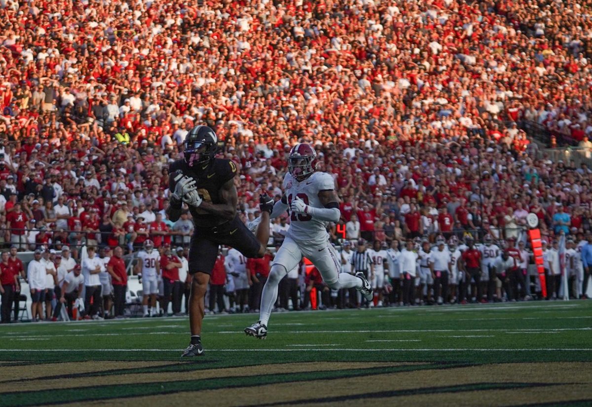 Vanderbilt's Junior Sherrill leaps into the endzone and scores a touchdown, as captured on Oct. 5, 2024. (Hustler Multimedia/Savannah Walske)