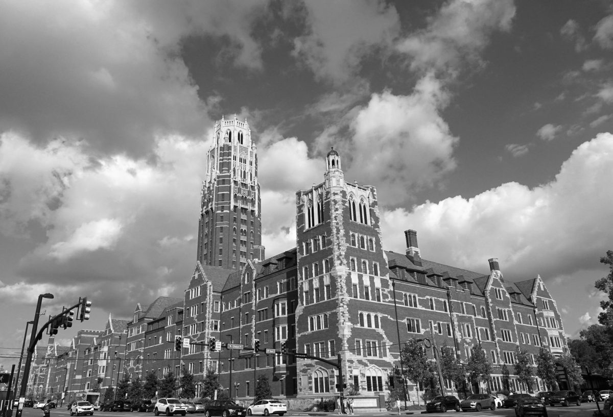 Black-and-white wide-angle photograph of Zeppos College, as photographed on Aug 19, 2024. (Hustler Multimedia/George Albu)
