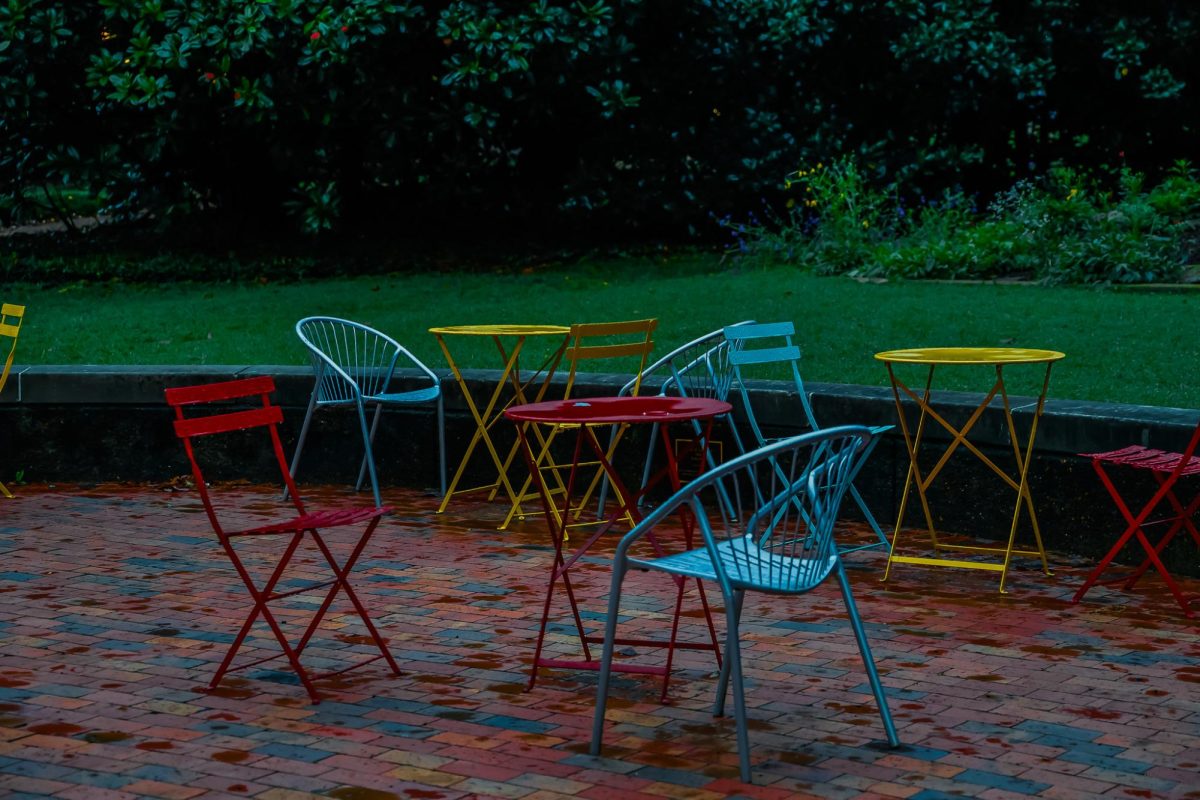 Wet chairs and tables outside of Central Library, as photographed on Sept. 28, 2024. (Hustler Multimedia/Alondra Moya)