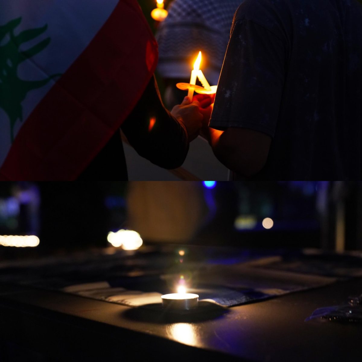 Candles at a pro-Palestine vigil and protest (top) and pro-Israel vigil (bottom), as photographed on Oct. 7, 2024. (Hustler Multimedia/George Albu)