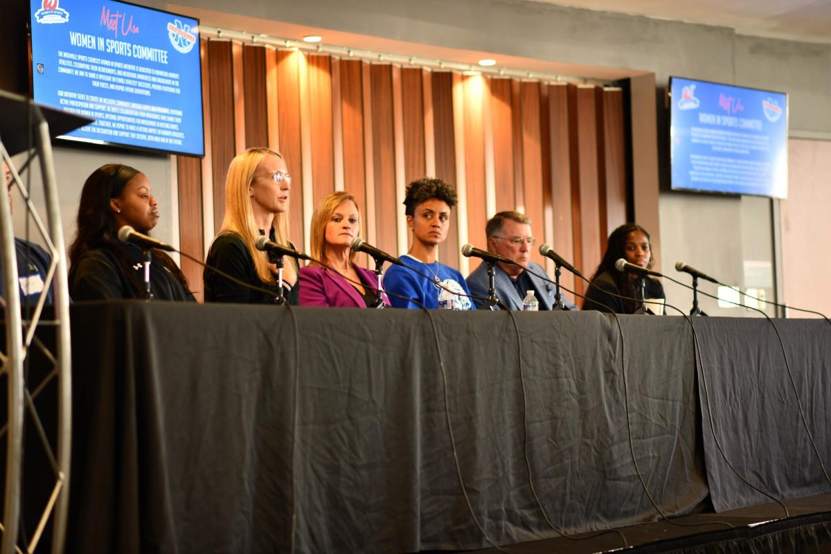 The head coaches of collegiate women's basketball teams speak at the sixth annual Nashville Sports Council Tip-Off Breakfast, as photographed on Oct. 7, 2024. (Photo courtesy of Nashville Sports Council/Morgan Key)