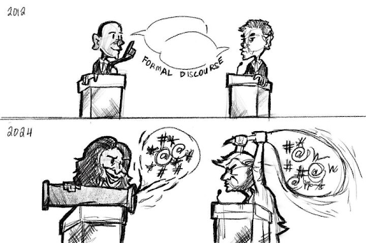 "Political discourse in the year 2012 versus 2024." A graphic depicting Former President Obama calmly debating against Mitt Romney. Below this, Vice President Kamala Harris and Former President Donald Trump yell and shout expletives. (Hustler Multimedia/Ram Martinez)