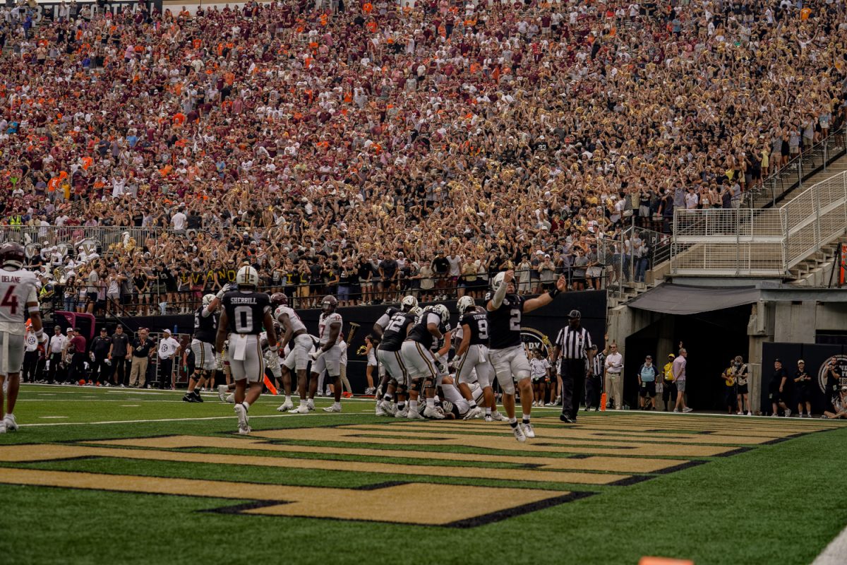 Diego Pavia celebrates in front of a crazed student section, as photographed on Aug. 31, 2024. (Hustler Multimedia/Miguel Beristain)