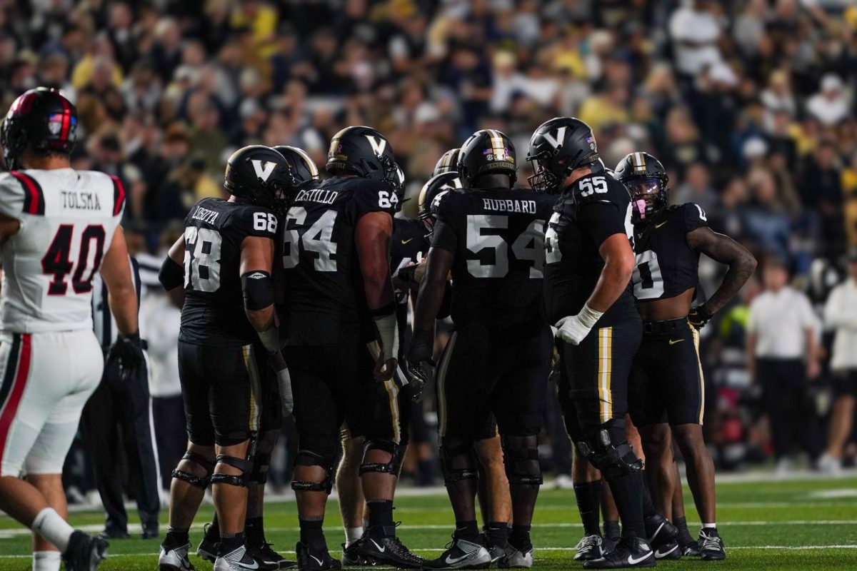 Vanderbilt offensive line before a snap, as photographed on Sept. 7, 2024. (Hustler Multimedia/Nikita Rohila)