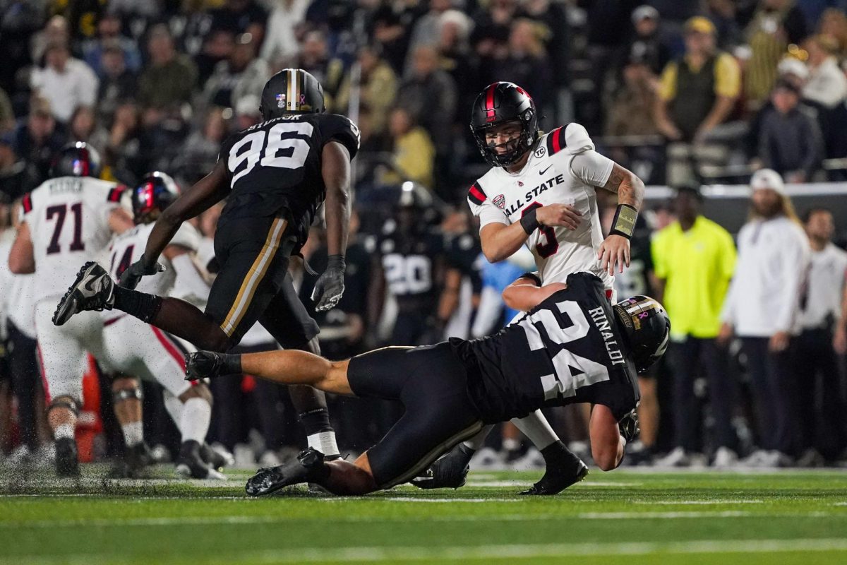 Nick Rinaldi bears down on the quarterback in Vanderbilt's game against Ball State, as photographed on Oct. 19, 2024. (Hustler Multimedia/Alondra Moya)