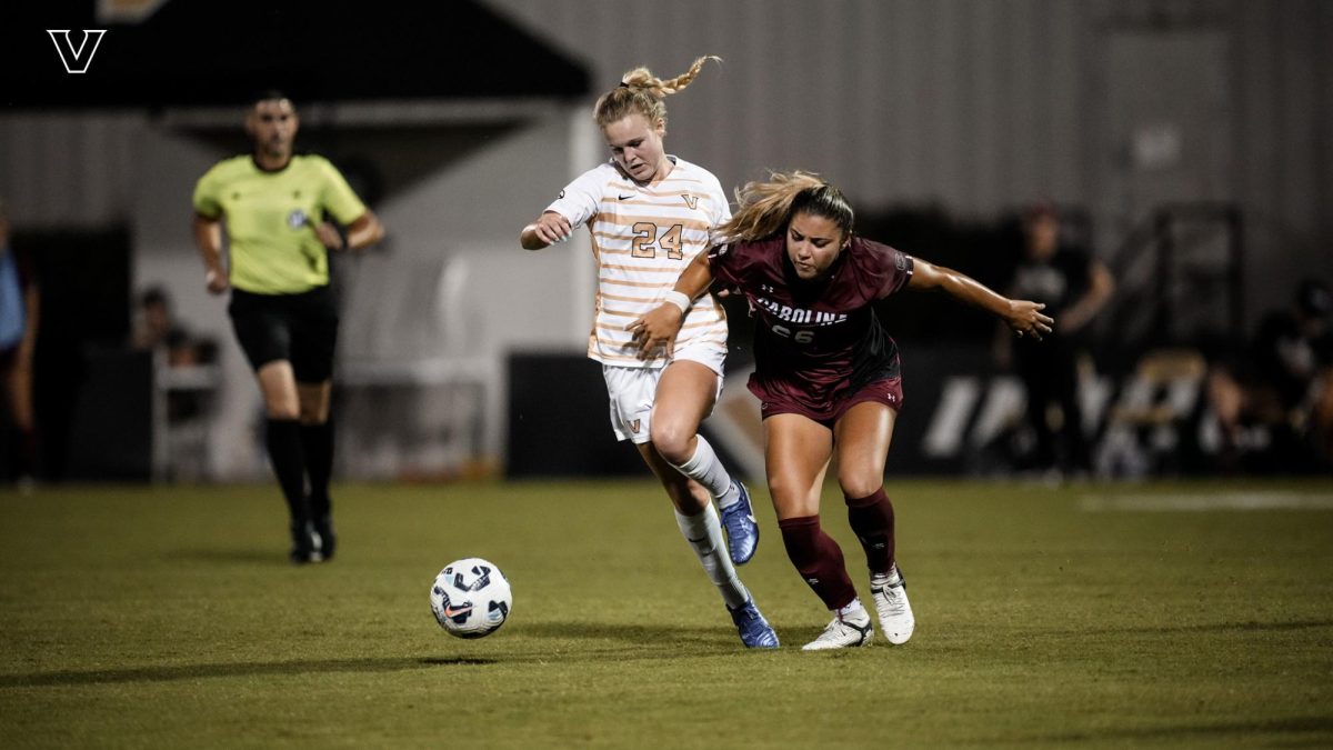 Courtney Jones fights past a South Carolina defender, as photographed on October 4th, 2024. (Vanderbilt Athletics)