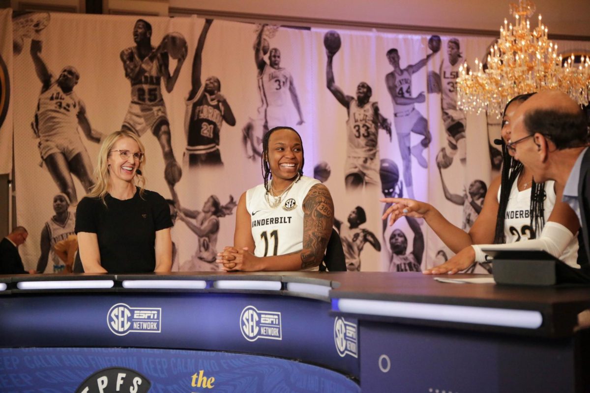 Shea Ralph, Iyana Moore and Jordyn Cambridge chat with Paul Finebaum at the SEC Tipoff '25, as photographed on Oct. 16, 2024. (Vanderbilt Athletics)