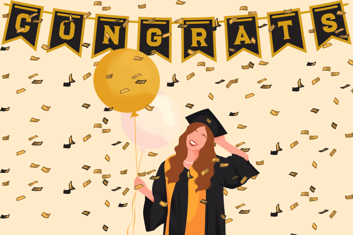 Graphic depicting a graduating student, surrounded by confetti and holding balloons, smiling awkwardly in their gown. A banner saying “Congrats” hangs overhead. (Hustler Multimedia/Nathalie Larson)