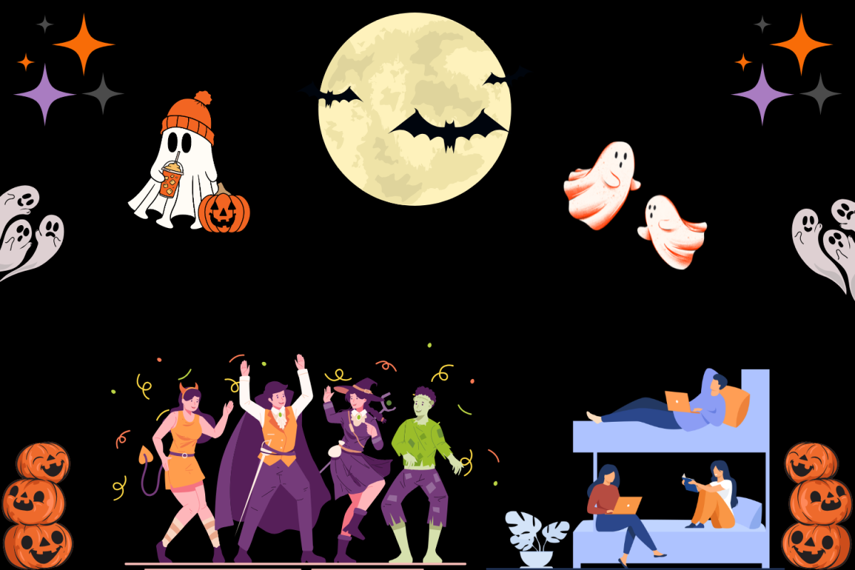 Graphic depicting ghosts, people celebrating Halloween and students studying. (Hustler Multimedia/Lily Martinez)