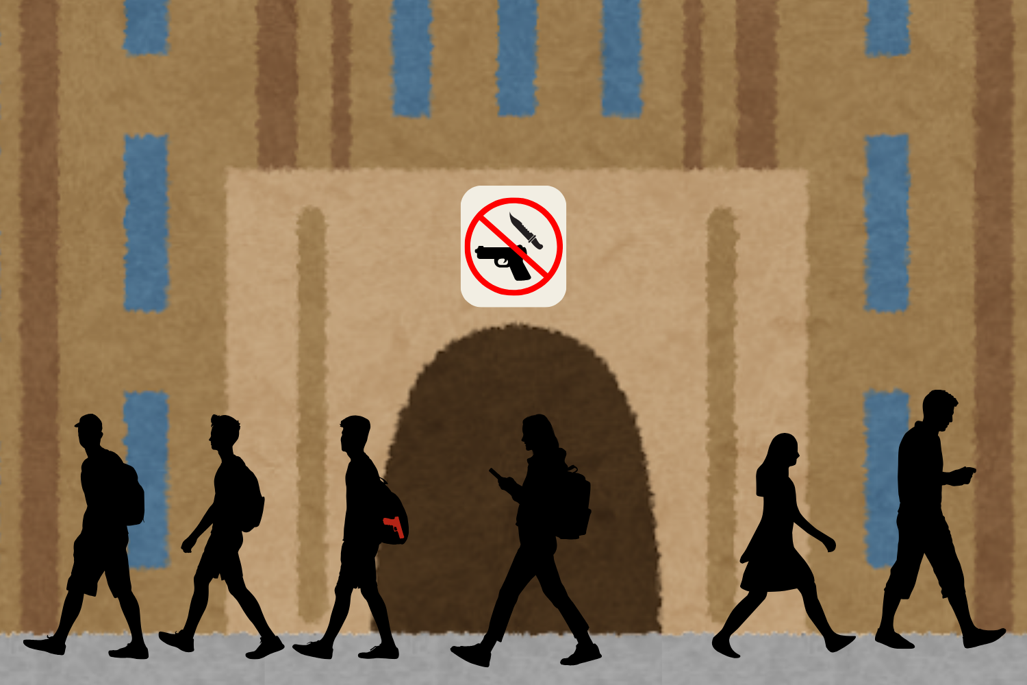 A graphic depicting students walking past an archway with a sign banning weapons. One of the students has a pistol hidden in his backpack. (Hustler Multimedia/Lexie Perez)