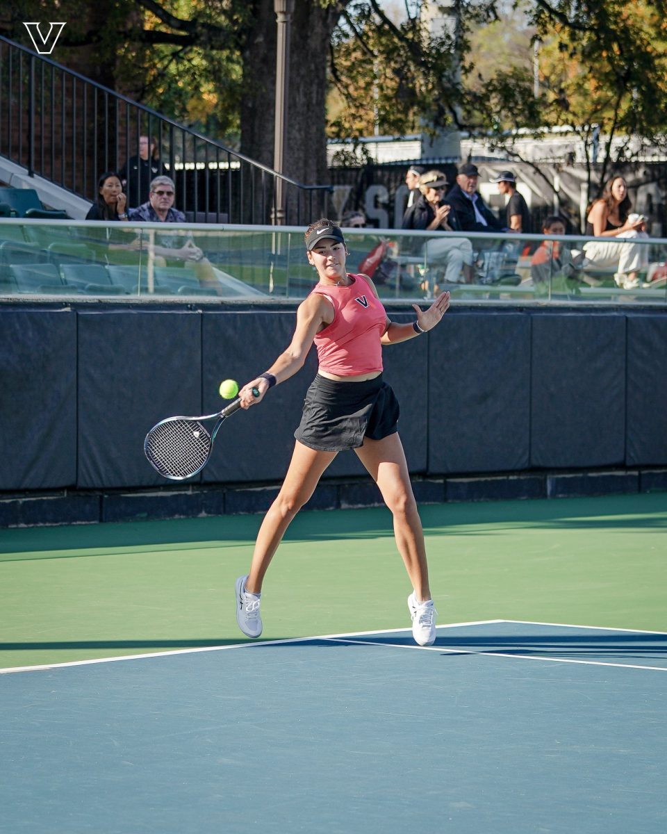 A Vanderbilt women's tennis player reaches to strike the ball on her forehand, as photographed on Oct. 25, 2024. (Vanderbilt Athletics)