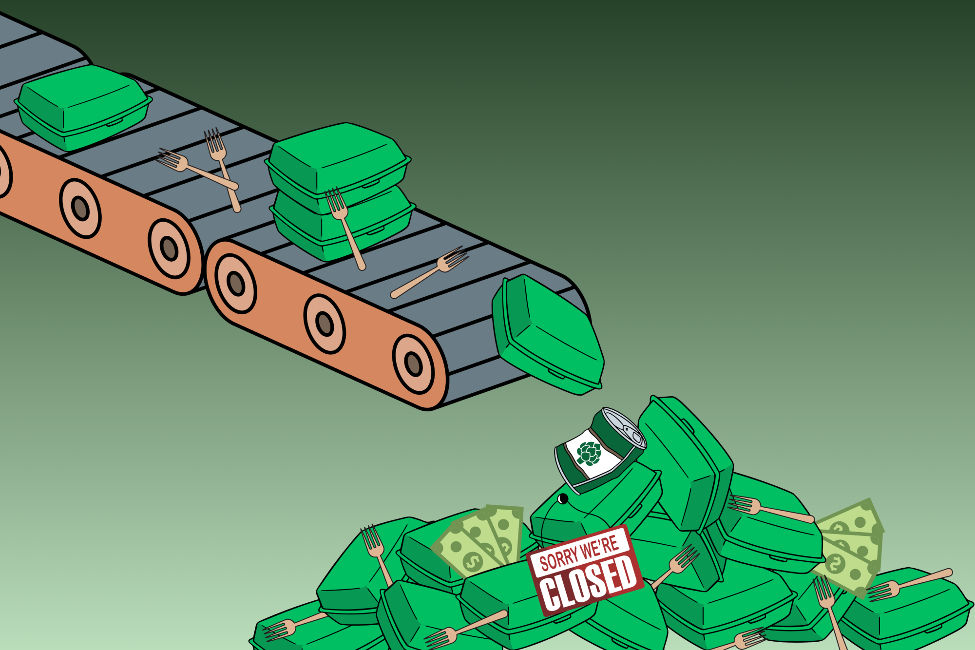 Graphic depicting a conveyor belt dropping ReusePass boxes and bamboo forks into a pile of boxes, silverware and wasted money. The pile also contains a damaged can of artichokes and a sign that reads “Sorry We’re Closed.” (Hustler Staff/Daniel Sak)