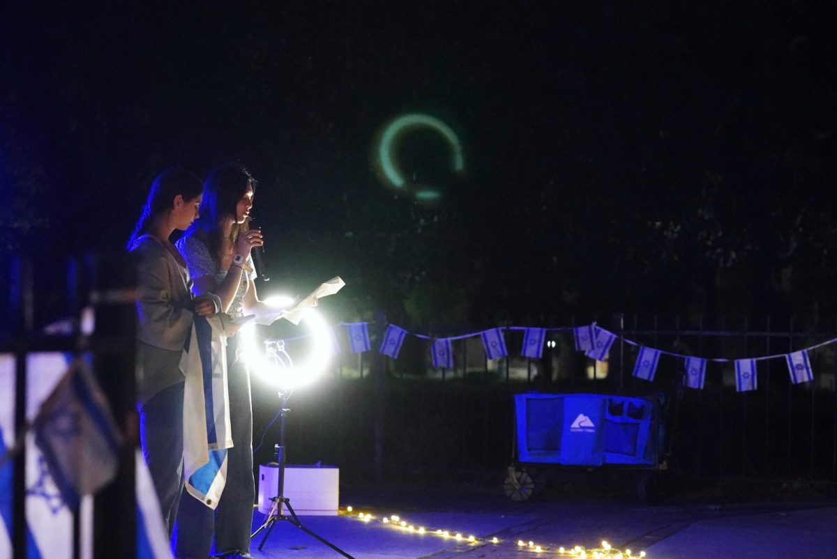 Students address crowd at vigil commemorating the one-year anniversary of Oct. 7, as photographed on Oct. 7, 2024. (Hustler Multimedia/George Albu)