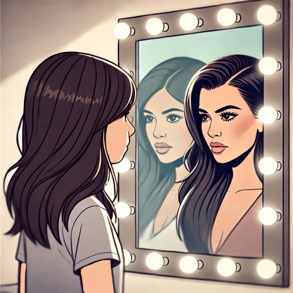 Graphic depicting a young girl looking in a mirror reflecting the Kardashian sisters. (Hustler Multimedia/Rachel Marlowe)