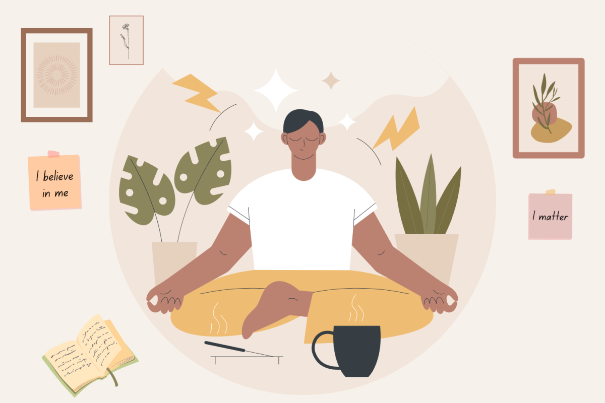 Graphic depicting someone practicing mindfulness. (Hustler Multimedia/Lexie Perez)