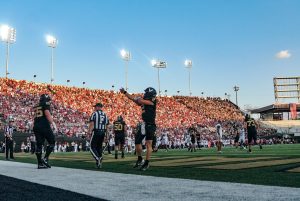 Diego Pavia celebrates during Vanderbilt's win over No. 1 Alabama, as photographed on Oct. 5, 2024. (Hustler Multimedia/Nikita Rohila)