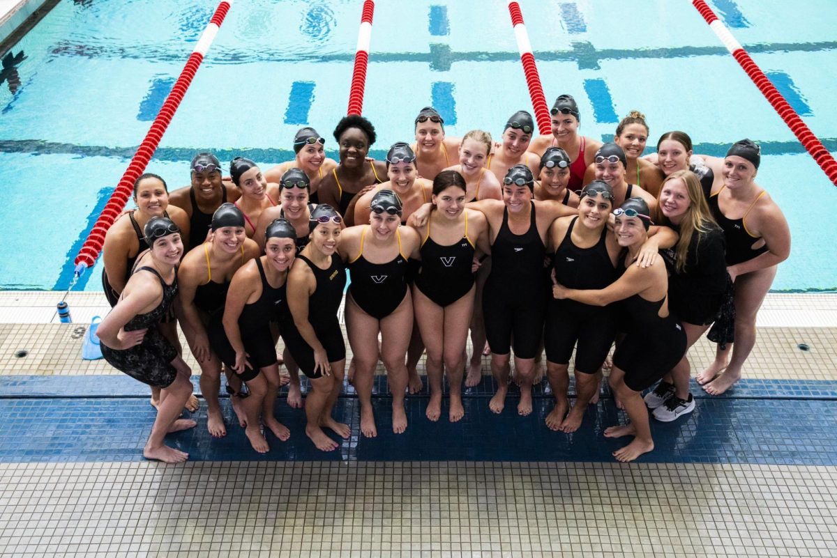 Vanderbilt Swimming poses for a group photo at a meet in Athens, Georgia, as photographed on Jan. 13, 2024. (Vanderbilt Athletics)