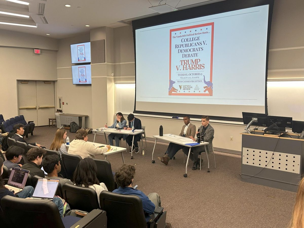 Vanderbilt College Democrats and Vanderbilt College Republicans engage in a debate hosted by The Vanderbilt Political Review on the presidential candidates, as photographed Oct. 15, 2024. (Hustler Staff/Arman Amin)