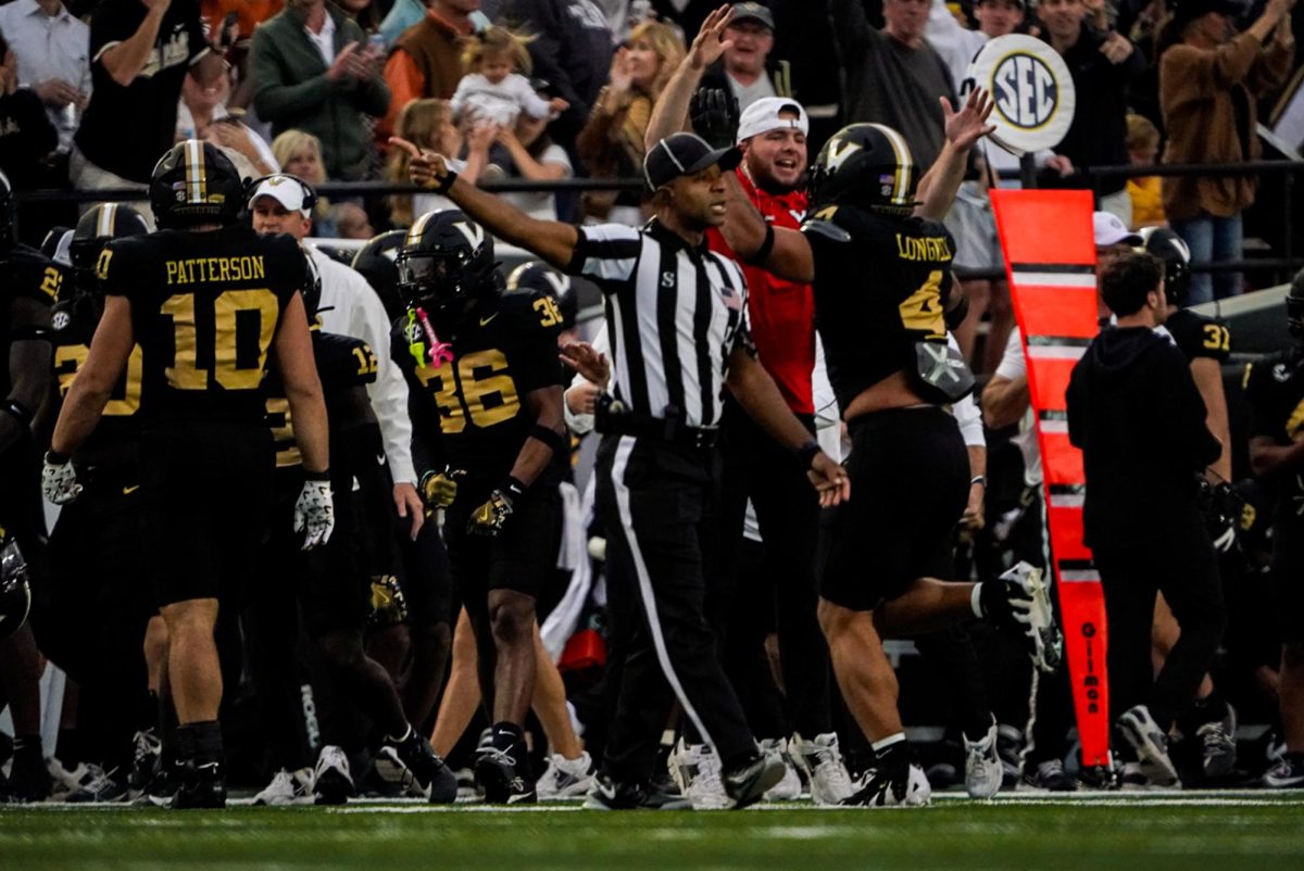 Vanderbilt's defense celebrates a turnover, as photographed on Oct. 26, 2024. (Hustler Multimedia/Michael Tung)