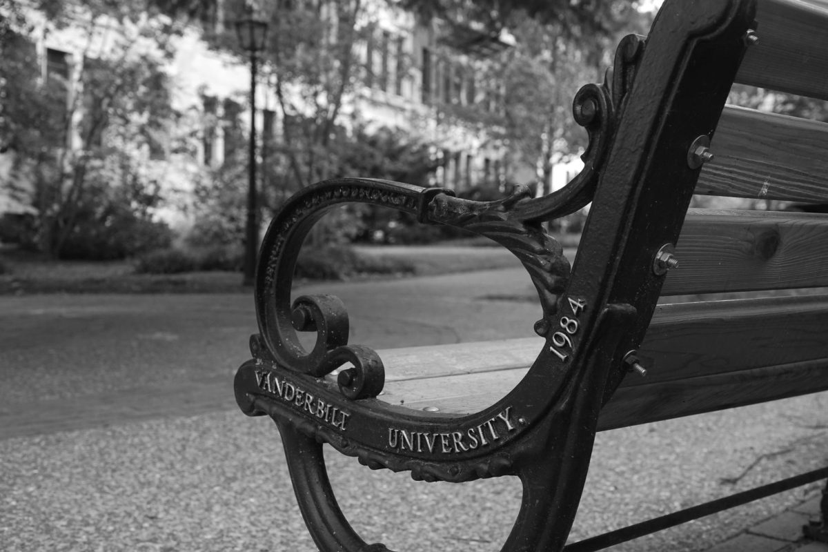 A black-and-white photograph of the side of a bench with writing that reads "Vanderbilt University 1984", as photographed on Aug 19, 2024. (Hustler Multimedia/George Albu)
