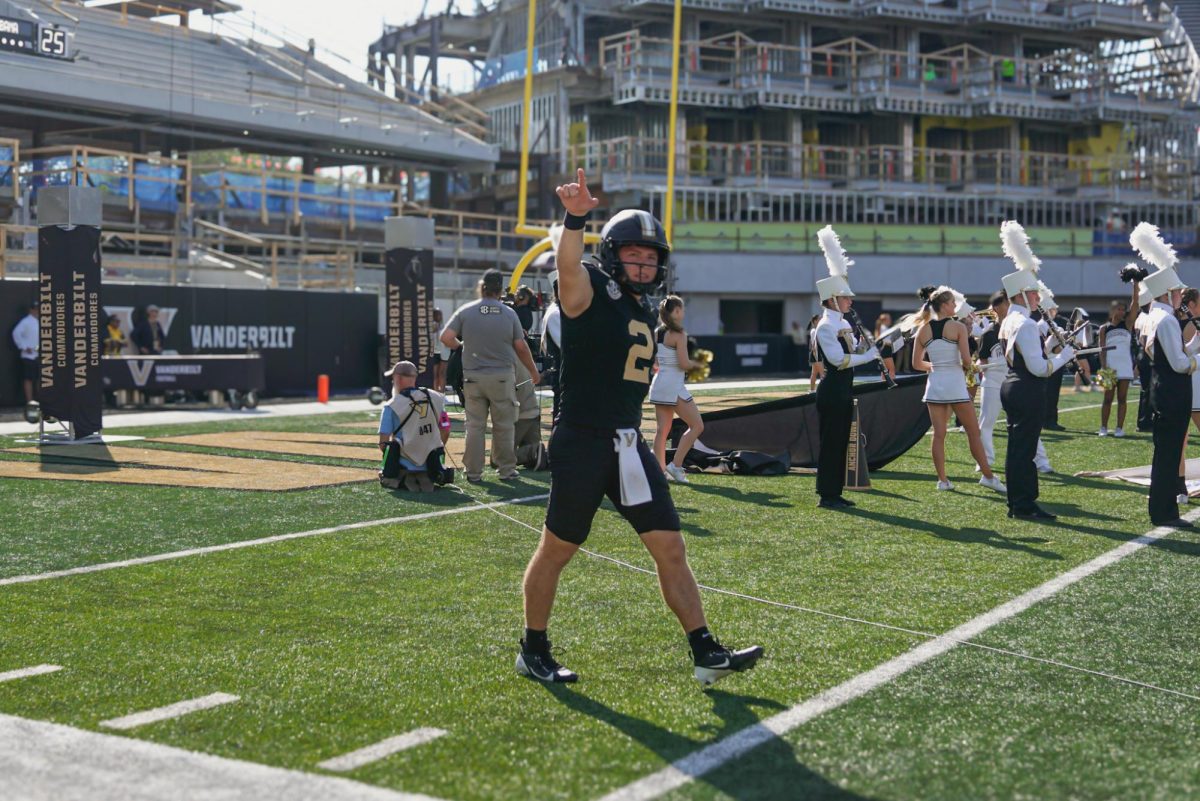 Diego Pavia points to the student section, as photographed on Oct. 5, 2024. (Hustler Multimedia/Nikita Rohila)