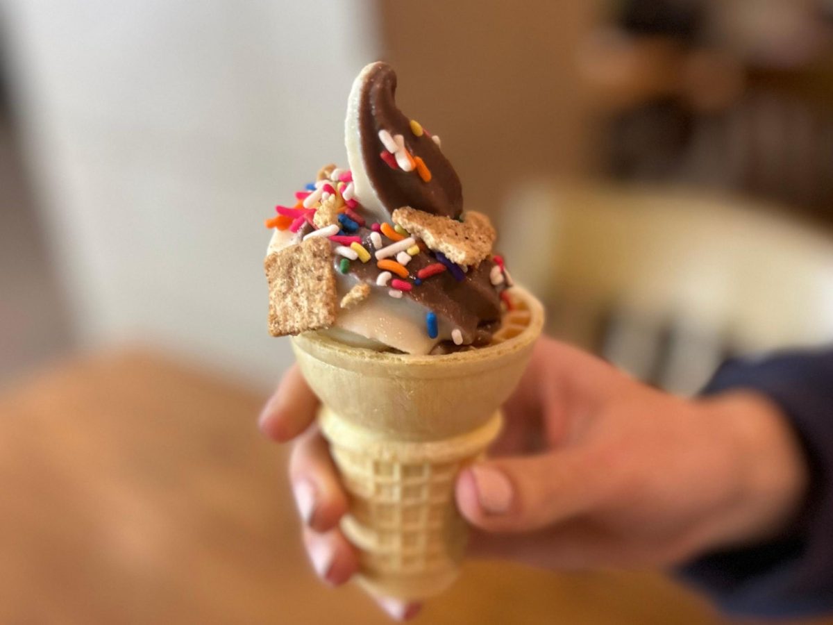 Oatly soft serve in a cone with Cinnamon Toast Crunch and rainbow sprinkles, as photographed Oct.16, 2024.(Hustler Staffer-in-Training/Maya Schlessinger)