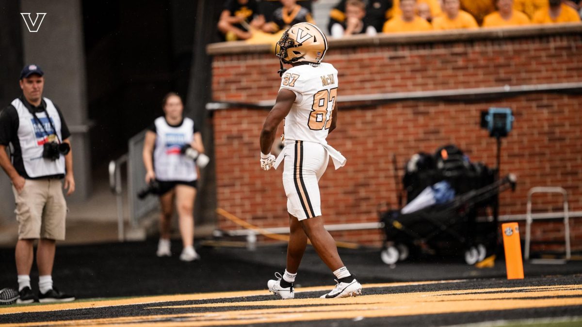 Joseph McVay poses after a touchdown, as photographed on Sept. 21, 2024. (Vanderbilt Athletics)