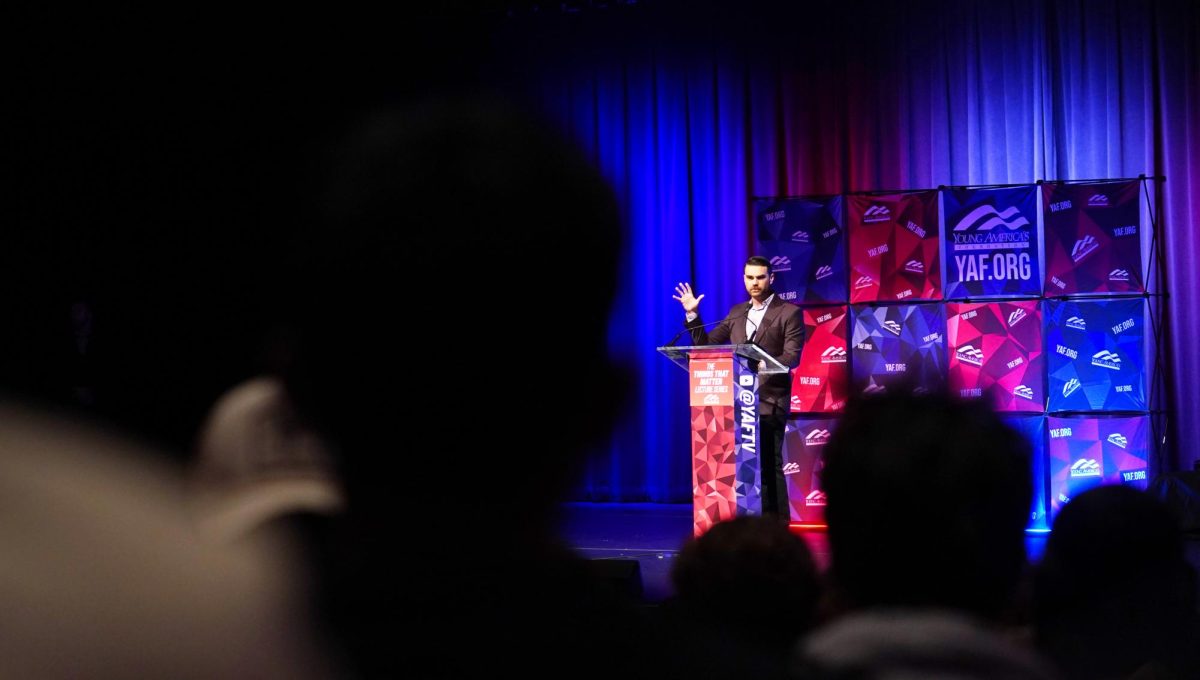 Ben Shapiro lectures on stage to an audience of supporters at Langford Auditorium, as photographed on Nov. 13, 2024. (Hustler Multimedia/George Albu)
