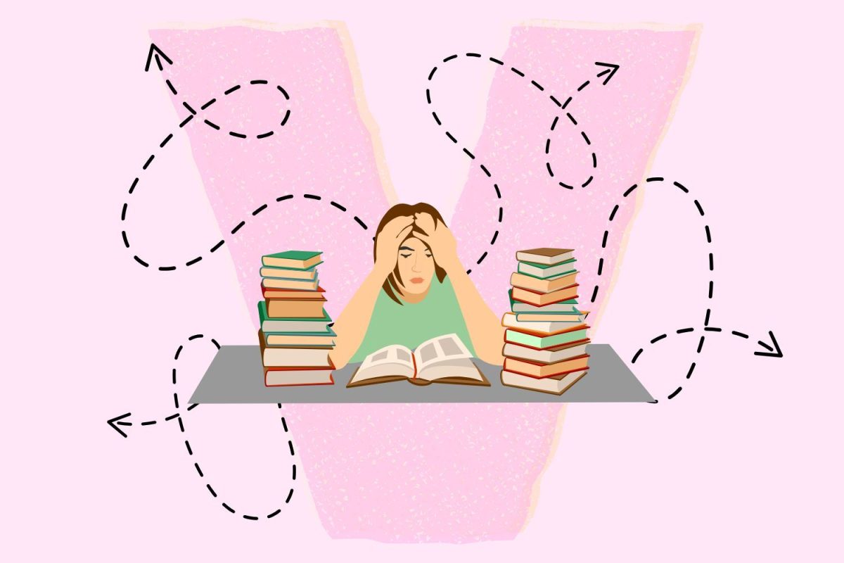 A student sits at a desk surrounded by stacks of books, one open in front of her. Her elbows prop her up on the desk while her hands touch her face. There is a Vanderbilt “V” in the background and dashed arrows curving around the image. (Hustler Multimedia/Jorie Fawcett)