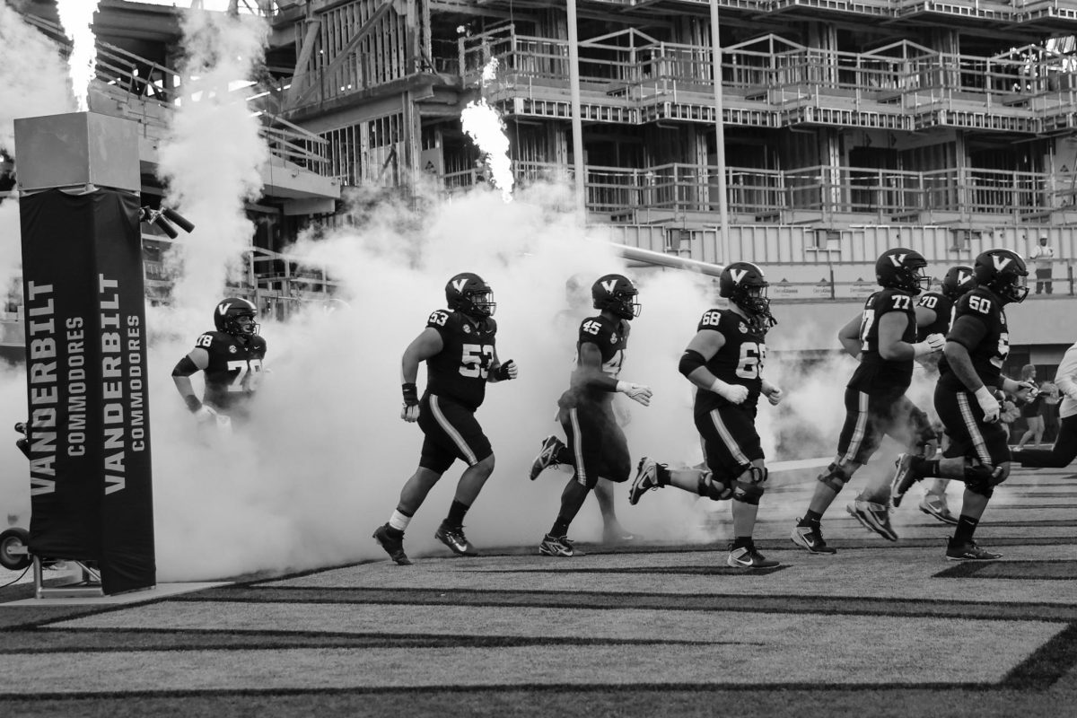 Vanderbilt offensive linemen exit the tunnel ahead of their game against Ball State, as photographed on Oct. 19, 2024. (Hustler Multimedia/Alondra Moya)