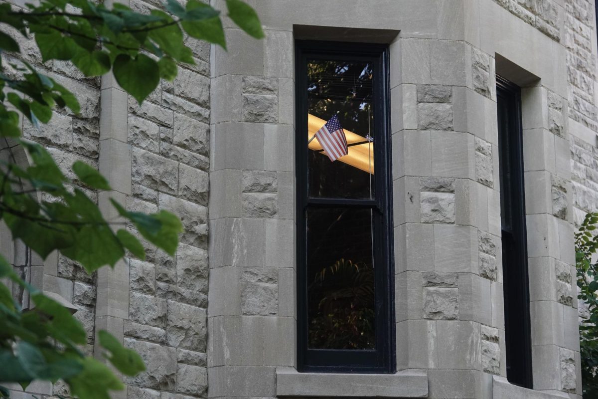 American flag in the window of a Furman Hall office, as photographed on Sept. 20, 2024. (Hustler Multimedia/ George Albu)