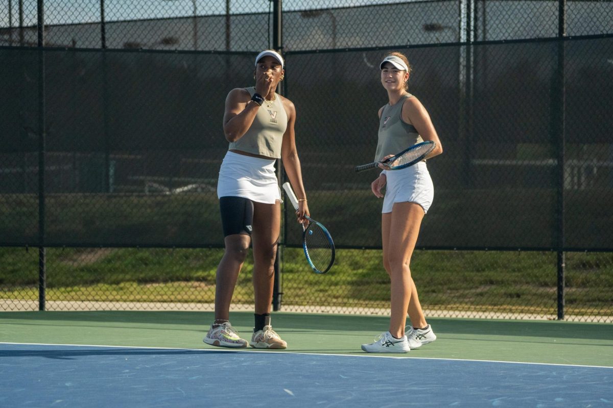 Célia-Belle Mohr and Sophia Webster celebrate a point, as photographed on Nov. 8, 2024. (Vanderbilt Athletics)